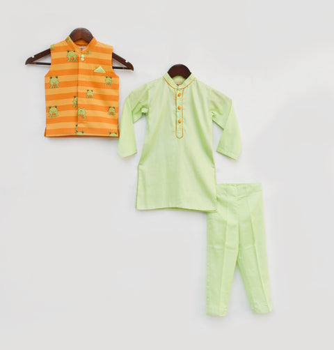 Pre-Order: Green Kurta Pant with Orange Stripe Print Jacket