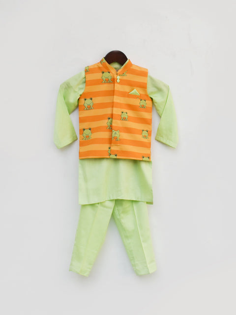 Pre-Order: Green Kurta Pant with Orange Stripe Print Jacket