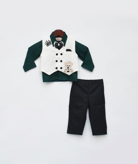 Pre Order: Green Shirt and Off white Waist Coat with Pant