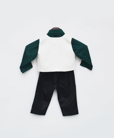 Pre Order: Green Shirt and Off white Waist Coat with Pant