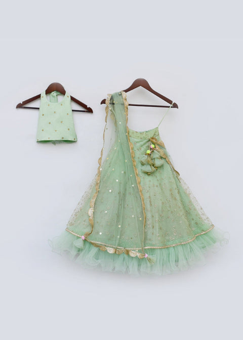 Pre-Order: Green Top with Green Glitter Net Lehenga and Dupatta