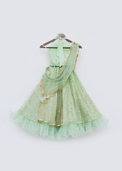 Pre-Order: Green Top with Green Glitter Net Lehenga and Dupatta