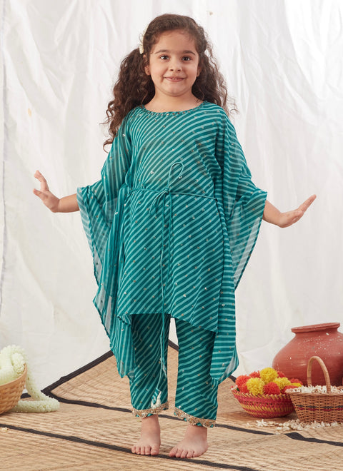 Pre-Order: Turquoise Leheriya Kaftan Set