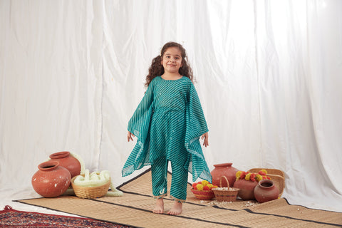 Pre-Order: Turquoise Leheriya Kaftan Set