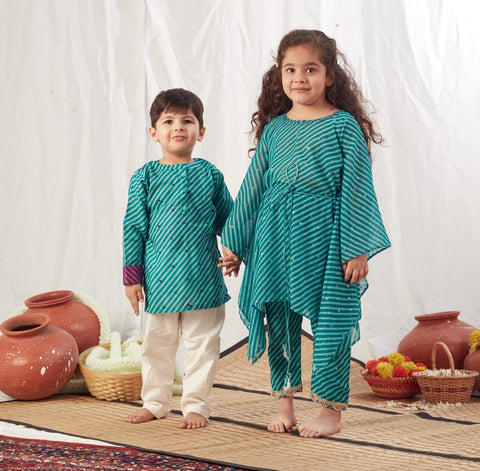 Pre-Order: Turquoise Leheriya Kurta with Pants