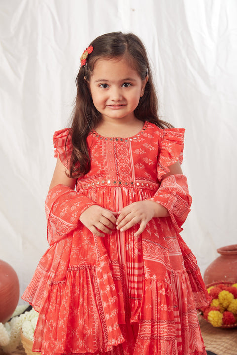 Pre-Order: Red Block Print Peplum and Lehenga with Dupatta