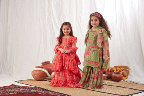 Pre-Order: Red Block Print Peplum and Lehenga with Dupatta