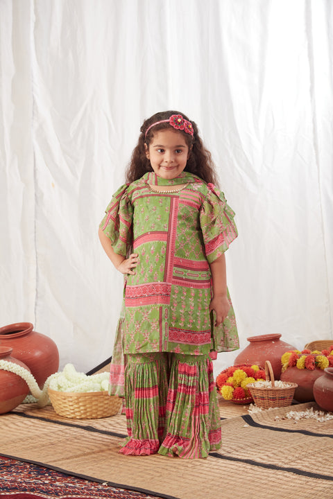 Pre-Order: Green Block Print Sharara Set with Dupatta