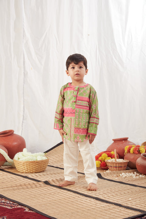 Pre-Order: Green Block print Shirt Kurta with Pants