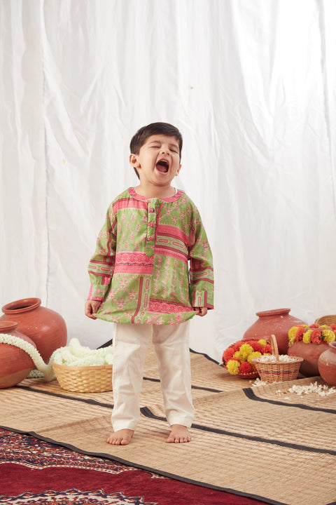 Pre-Order: Green Block print Shirt Kurta with Pants