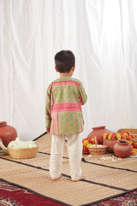 Pre-Order: Green Block print Shirt Kurta with Pants