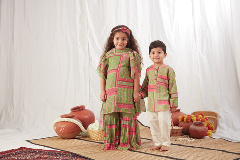 Pre-Order: Green Block print Shirt Kurta with Pants