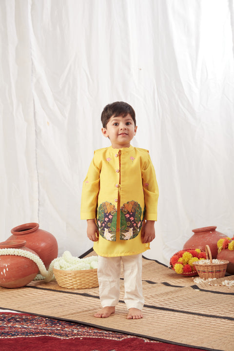 Pre-Order: Yellow Pichwai Kurta Bandi Set with Pajama