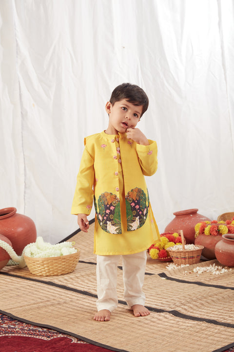 Pre-Order: Yellow Pichwai Kurta Bandi Set with Pajama