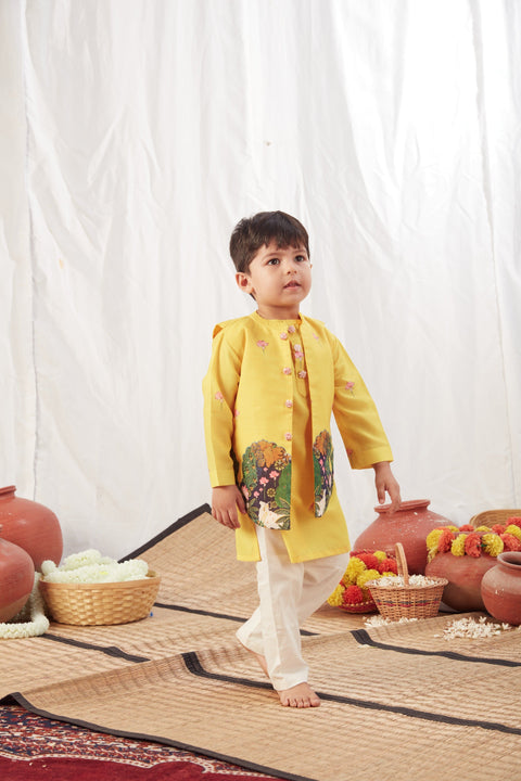 Pre-Order: Yellow Pichwai Kurta Bandi Set with Pajama