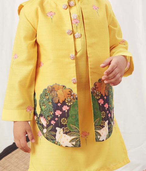 Pre-Order: Yellow Pichwai Kurta Bandi Set with Pajama