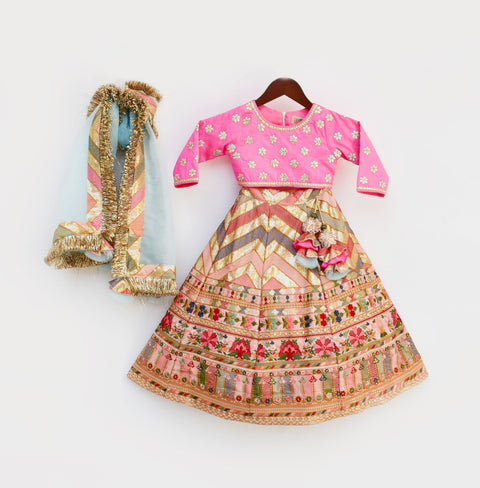 Pre Order: Hot Pink Silk Flower Boti Choli with Embroidery Lehenga and Dupatta