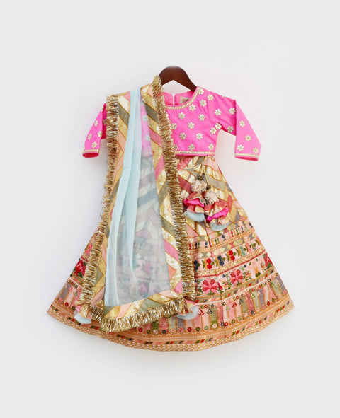 Pre Order: Hot Pink Silk Flower Boti Choli with Embroidery Lehenga and Dupatta