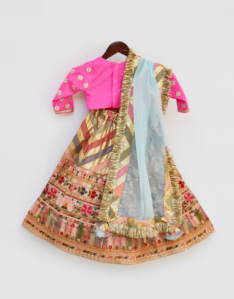 Pre Order: Hot Pink Silk Flower Boti Choli with Embroidery Lehenga and Dupatta