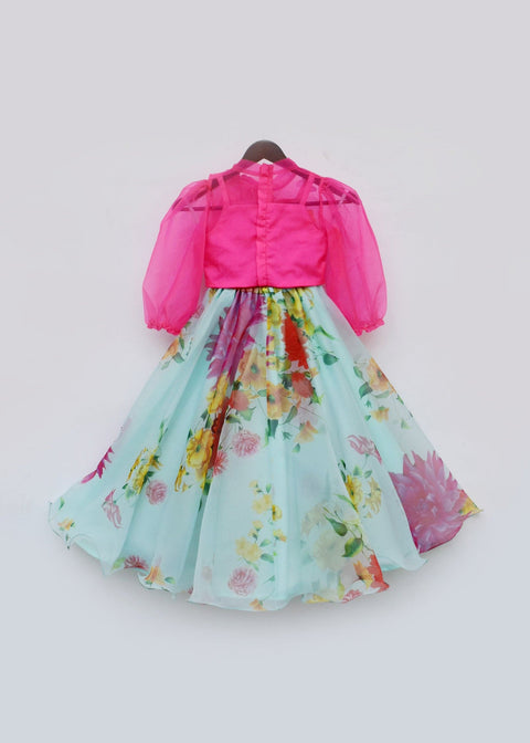 Pre-Order: Hot Pink Top with Blue Printed Organza Lehenga