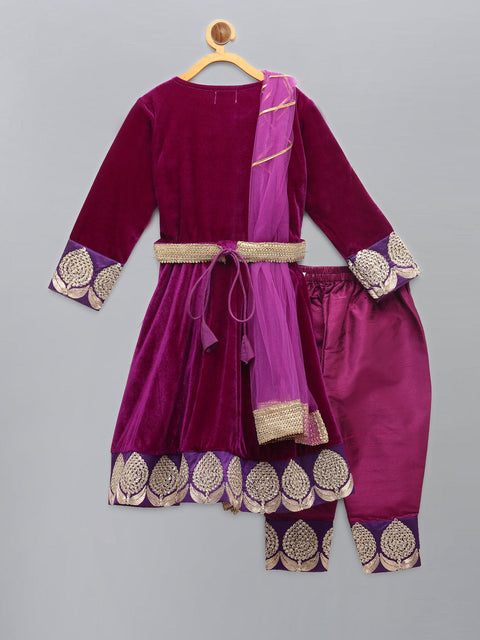 Pre-Order: Purple Velvet Embroidered Anarkali Pants with Net Dupatta