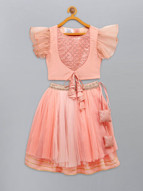Pre-Order: Peach frilly top with Double layered net Lehenga