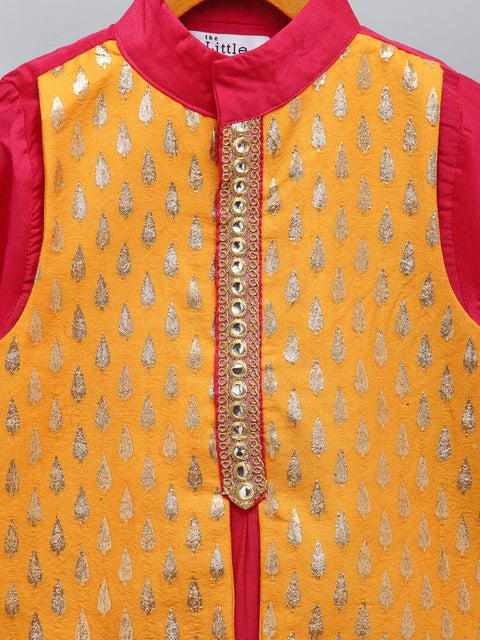 Pre-Order: Fuschia Pink kurta with Yellow Zari attached Jacket with Pyjama