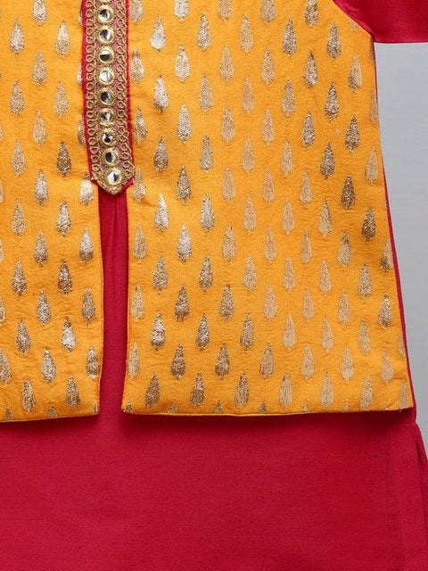 Pre-Order: Fuschia Pink kurta with Yellow Zari attached Jacket with Pyjama