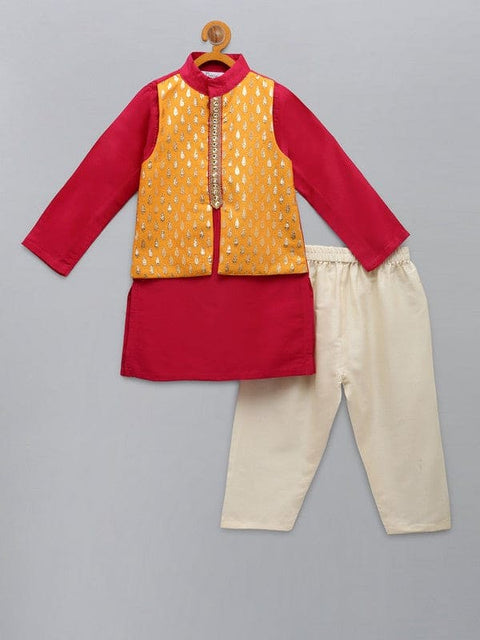 Pre-Order: Fuschia Pink kurta with Yellow Zari attached Jacket with Pyjama