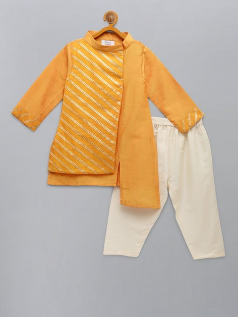Pre-Order: Orange Asymmetric zari attached Kurta Pajama set