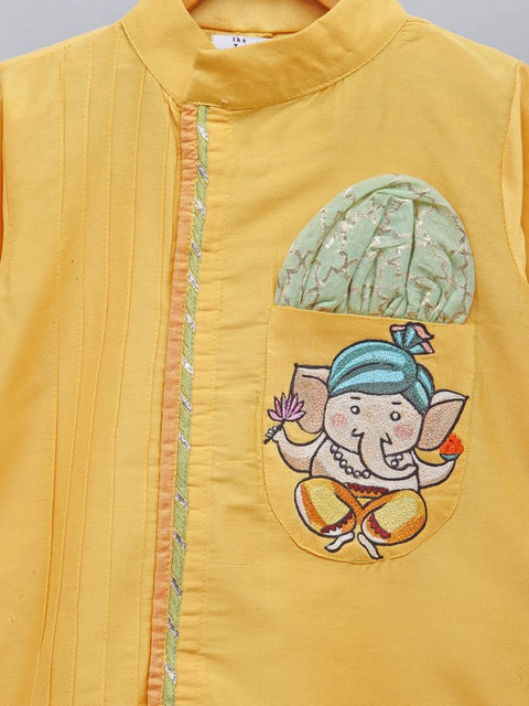 Pre-Order: Mustard Ganpati Embroidered Kurta Dhoti  Set