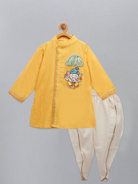 Pre-Order: Mustard Ganpati Embroidered Kurta Dhoti  Set