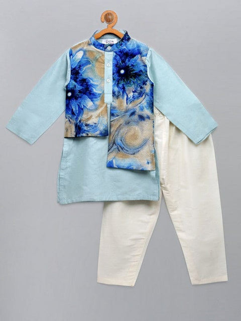 Pre-Order: Pastel Blue Kurta with Printed jacket attached Kurta Pyjama