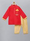 Pre-Order: Red Fire Lamp embroidred Kurta with Beige Pyjama