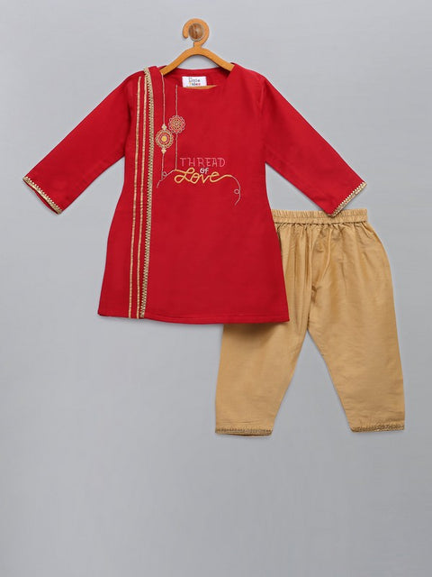 Pre-Order: Sibling Love Red Embroidered kurta with Beige  Pyjama