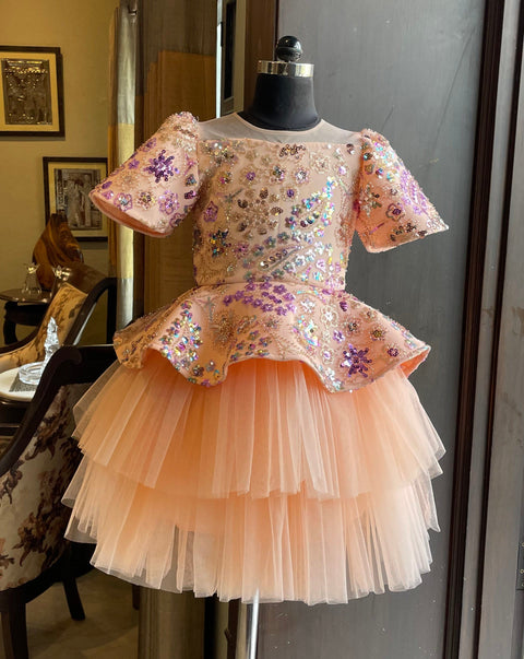 Pre-Order: Peach Multi Sequence Bell Sleeves Frozen Dress
