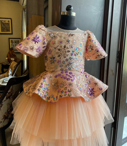 Pre-Order: Peach Multi Sequence Bell Sleeves Frozen Dress