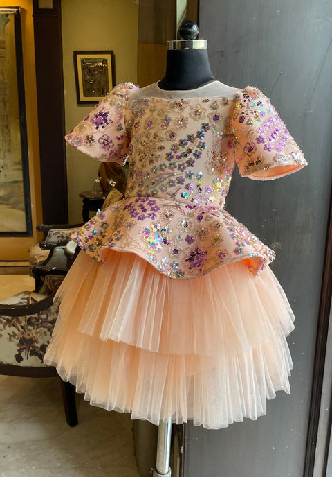Pre-Order: Peach Multi Sequence Bell Sleeves Frozen Dress