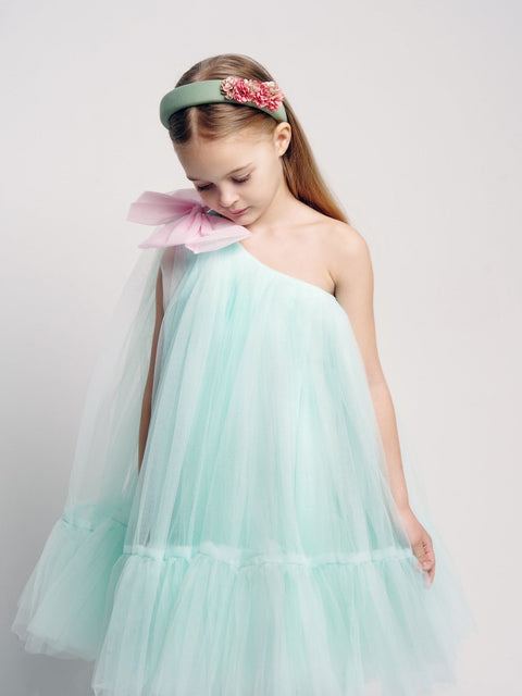 Pre-Order: Sea Green One Shoulder Bow Dress