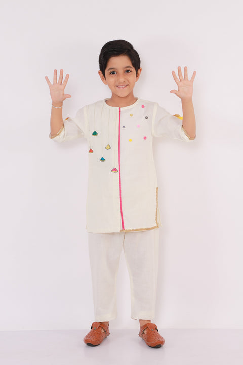 Pre-Order: Off-White Gulal Holi Embroidered  Kurta Pajama set