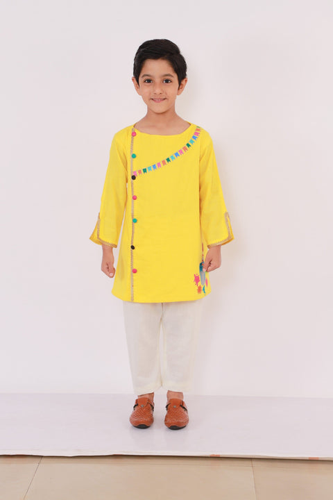 Pre-Order: Colorful Yellow Holi Bucket Embroidered  Kurta Pyjama set