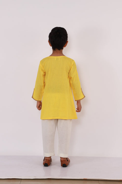 Pre-Order: Colorful Yellow Holi Bucket Embroidered  Kurta Pyjama set
