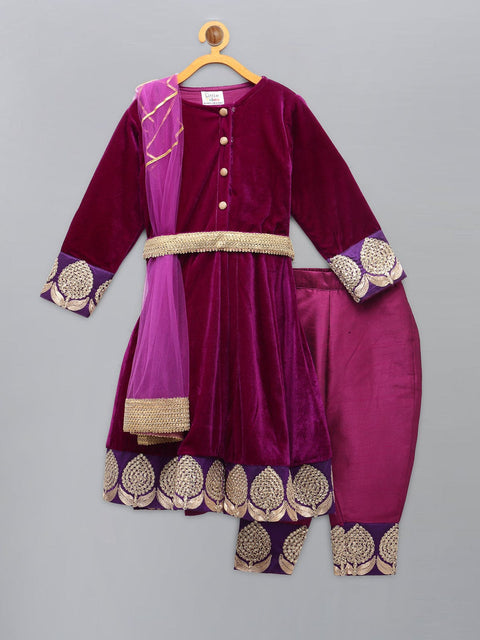 Pre-Order: Purple Velvet Embroidered Anarkali Pants with Net Dupatta