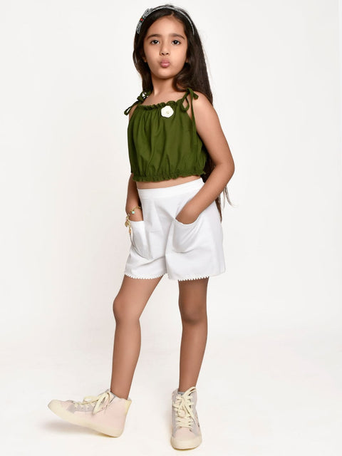 Green Flower embellished Top with  White Shorts