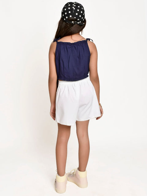Navy Flower Embellished Top with  White Shorts