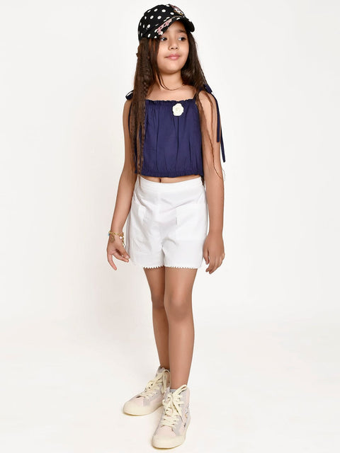 Navy Flower Embellished Top with  White Shorts