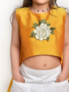 Yellow Asymmetric Flower Emblished top and White shorts