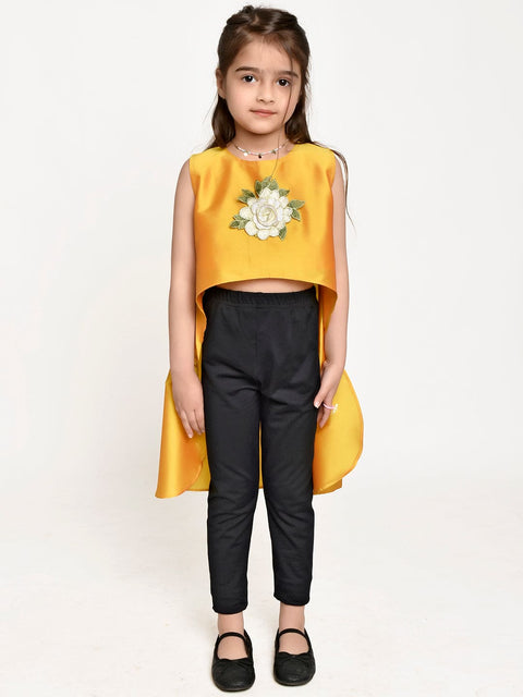 Yellow Asymmetric Flower Emblished top with Black leggings dress