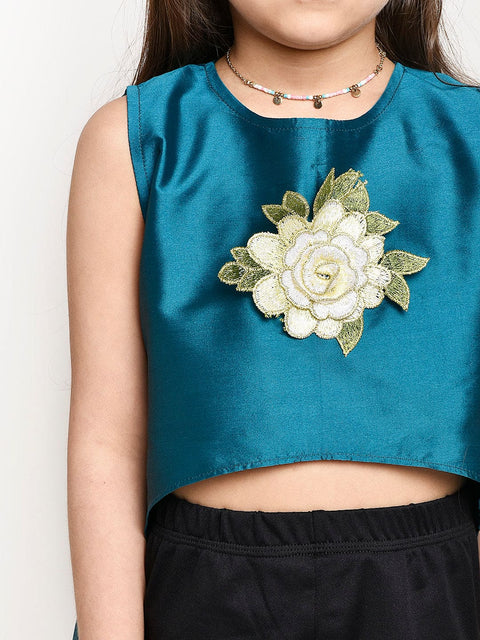 Turquoise Asymmetric Flower Emblished top with Black leggings dress