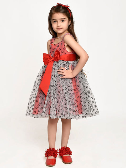 Light Grey Red Bow Dress with Hair Band